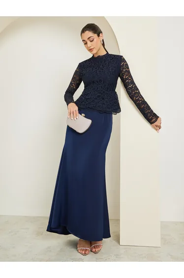 Women Lace Top and Satin Maxi Skirt Co-ords