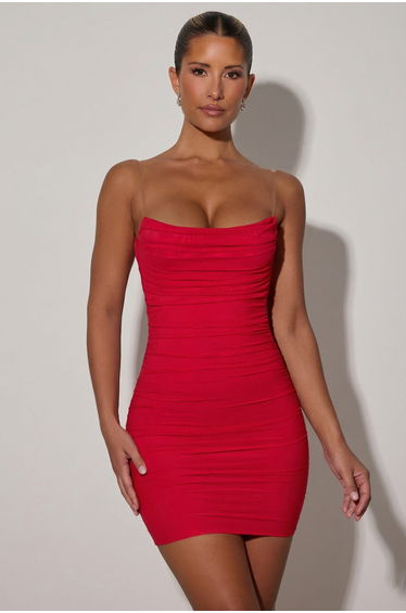 Ruched Backless Bodycon Mini Dress in Red