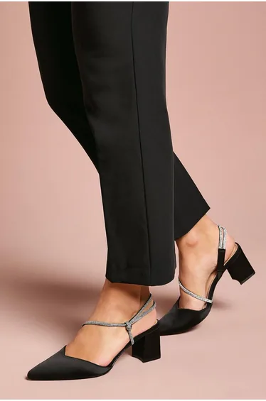 Wide Fit Deyla Satin Diamante Asymmetric Strap High Clock Heel Court Shoes