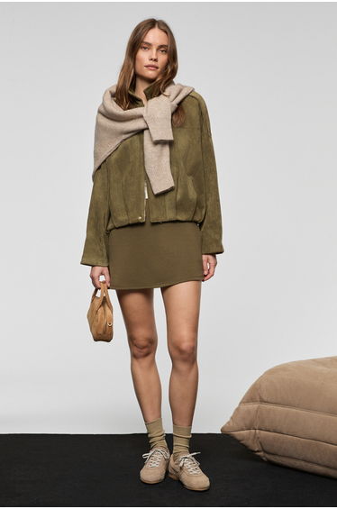 GRIMELANGE KLAREY Women's Stretch Fabric Hidden Zipper Mini Khaki Skirt