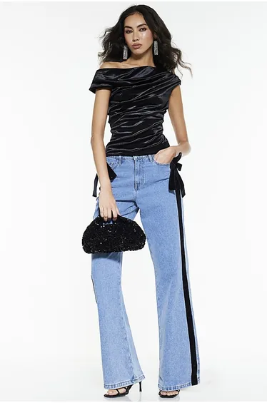 Black Velvet Short Sleeve Drape Top