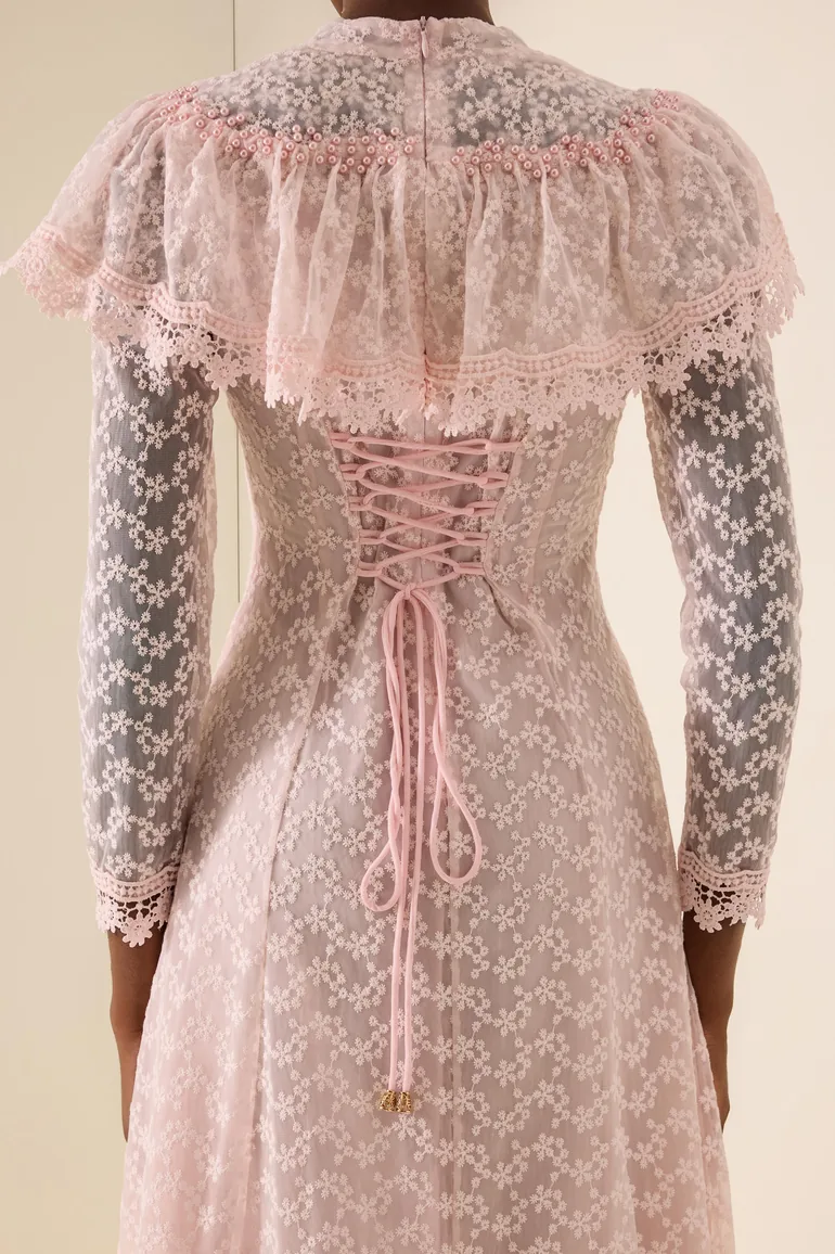 Lace Pearl Embellished V-Neck Maxi Dress With Cape - 6