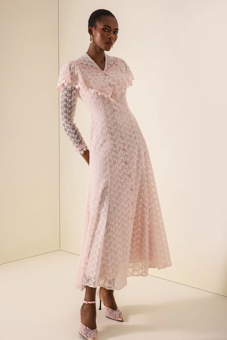Lace Pearl Embellished V-Neck Maxi Dress With Cape - 4