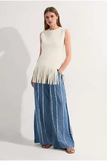 بنطلون جينز دينيم بأرجل عريضة بشراشيب - للمقاسات الصغيرة