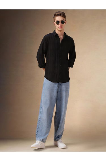 Regular Fit Spread Collar Textured Shirt with Pintuck Detail