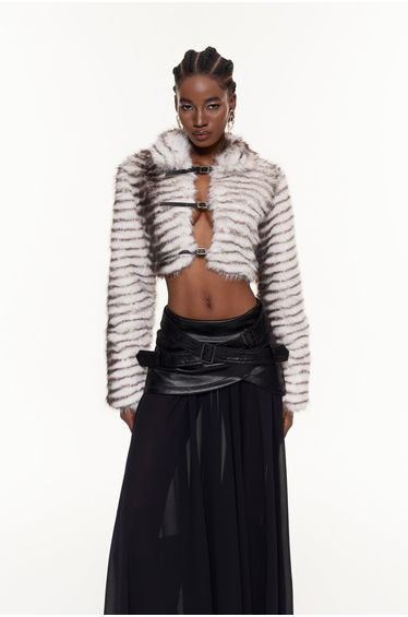 Fajr Zebra Print Faux Fur Plunge Jacket