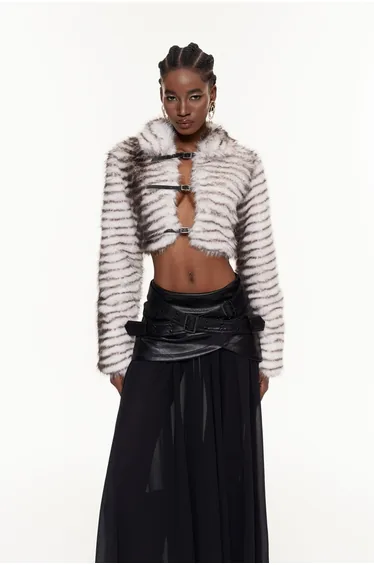 Fajr Zebra Print Faux Fur Plunge Jacket