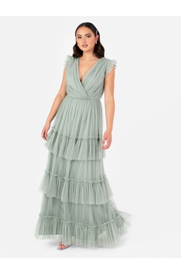 Anaya With Love Recycled Frosty Green Short Sleeve V Neck Tiered Maxi Dress