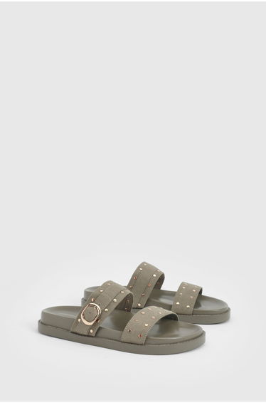 Faux Suede Stud Double Strap Sliders - khaki