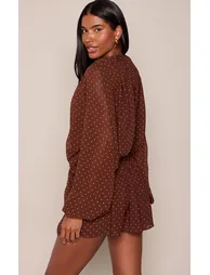 Chocolate Polka Dot Chiffon Balloon Sleeve Mini Dress - 2