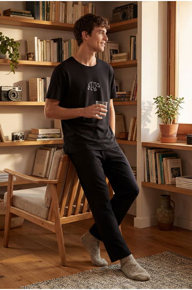 Men's Black Regular Fit Embroidered Knitted Pajama Set