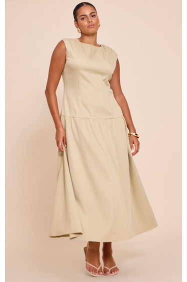 Plus Sage Woven Boat Neck Dropped Waist Maxi Dress