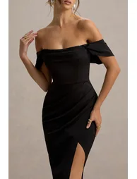 Annie | Black Satin Bardot Maxi Dress With Split Wrap Skirt - 3