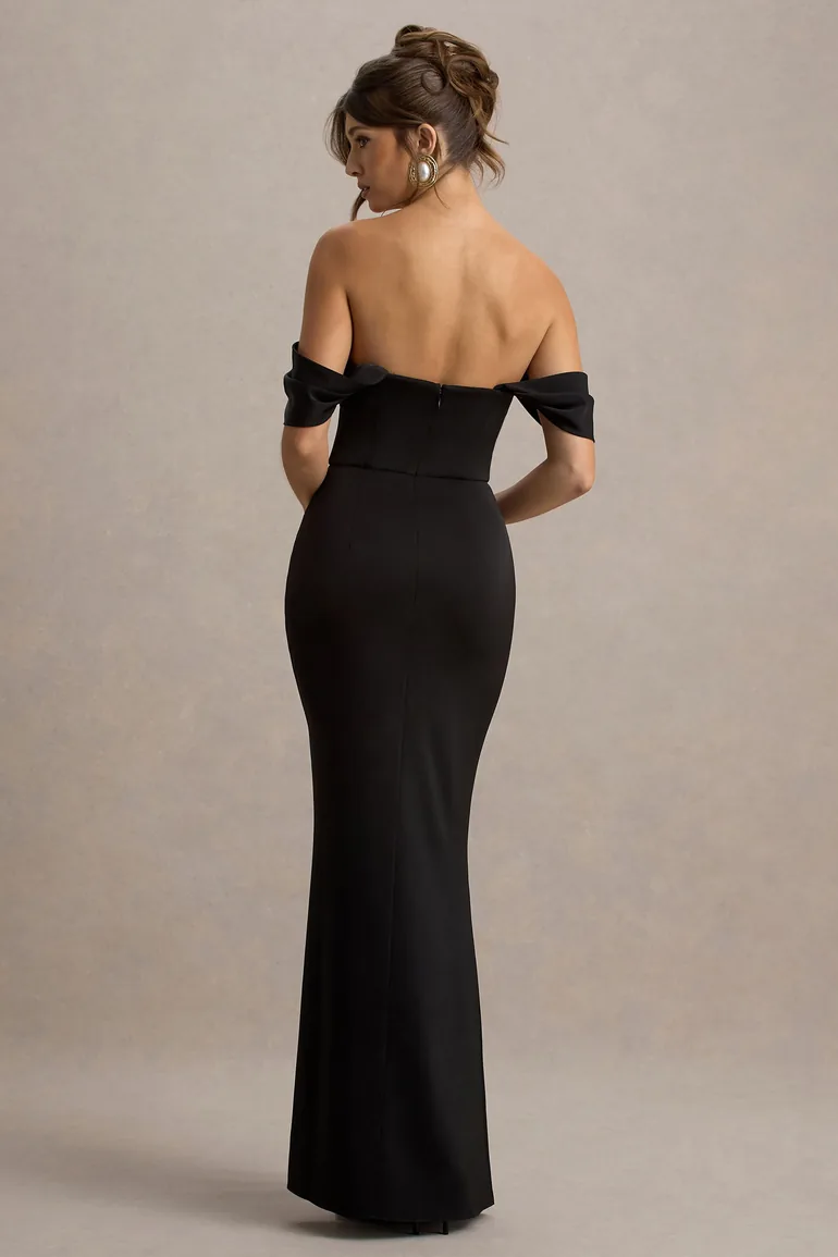 Annie | Black Satin Bardot Maxi Dress With Split Wrap Skirt - 2