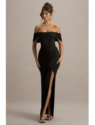 Annie | Black Satin Bardot Maxi Dress With Split Wrap Skirt - 4