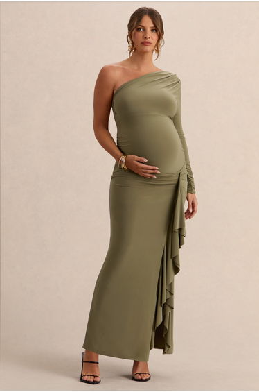Drusilla | Olive Asymmetric-Neck Maternity Maxi Dress With Gathered Detailing