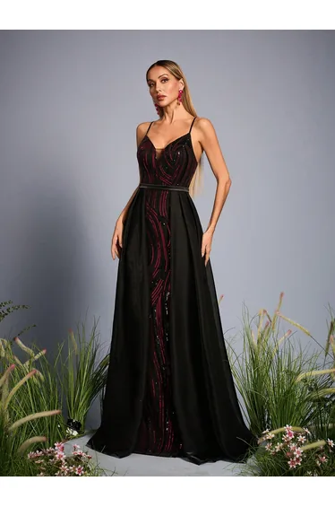 Leely Elegant Spaghetti Straps Sleeveless Sequin Evening Gown