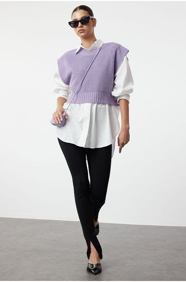 Lilac Crop Crew Neck Knitwear Sweater