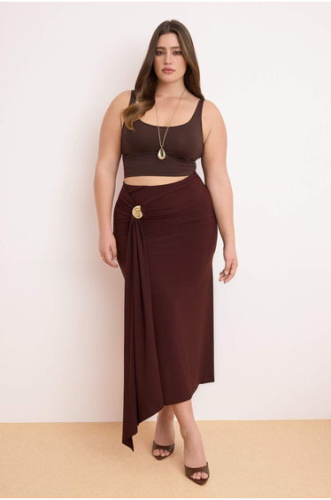 Brown Bodycon Knitted Long/Maxi Skirt with Accessory Detail