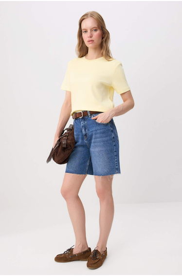 Light Yellow Thick Cotton Tuck Fabric Crew Neck Short Sleeve Regular Cut Knitted T-Shirt