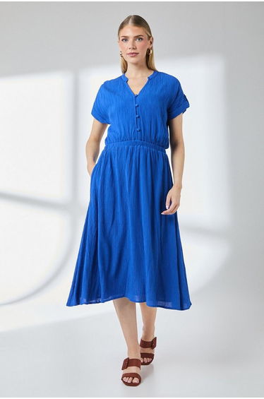 Elasticated Waist Crinkle Viscose Midi Dress