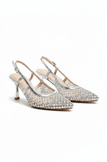Crystal Siren Slingback Court Heels Silver