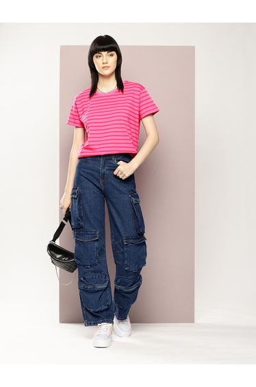 Women Pink Striped Yarn Dyed Boxy T-Shirt