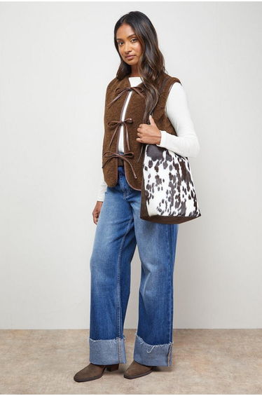 Faux Fur Gilet With Pu Binding