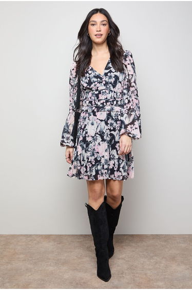 Printed Pleated Skirt Long Sleeve Mini Dress