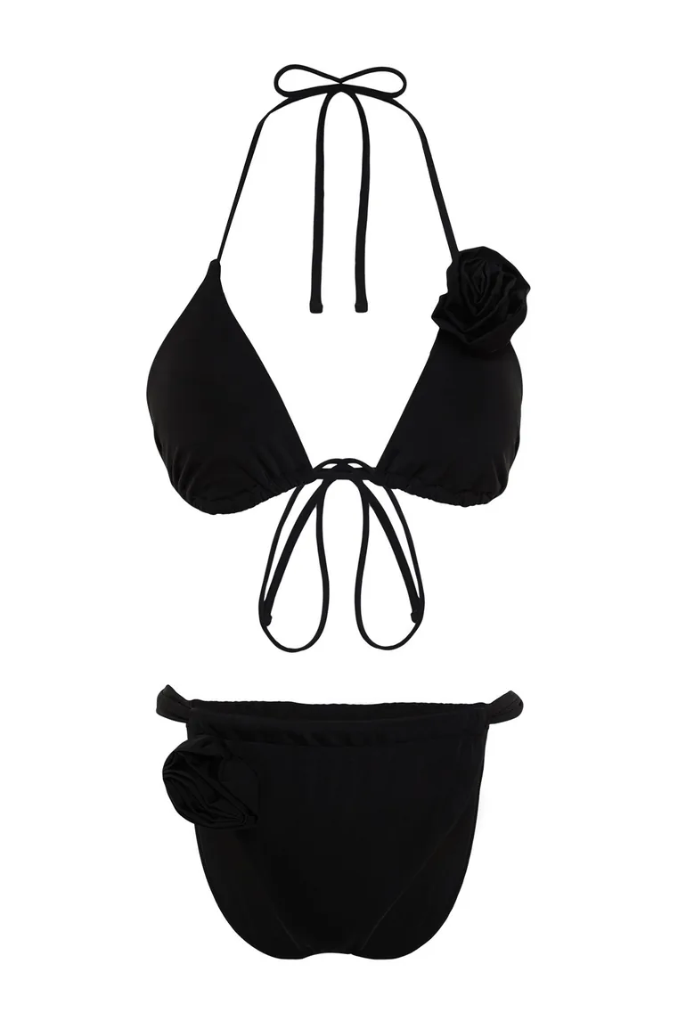 Black Triangle Floral Appliqué Bikini Set - 8