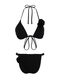 Black Triangle Floral Appliqué Bikini Set - 8