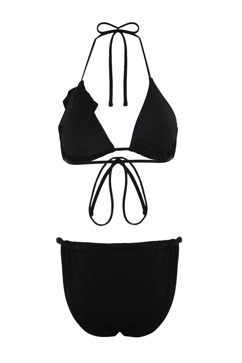 Black Triangle Floral Appliqué Bikini Set - 7