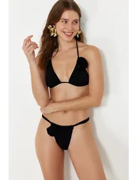 Black Triangle Floral Appliqué Bikini Set - 4