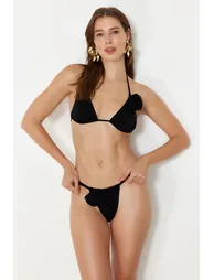 Black Triangle Floral Appliqué Bikini Set - 5