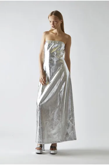 Silver-PU Bandeau Maxi-Dress
