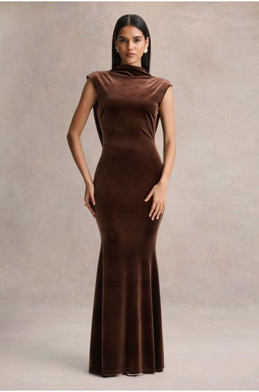 Malora | Brown Velvet High-Neck Maxi Dress With Open-Back