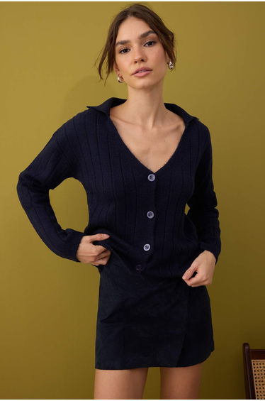 Navy Blue Wool Basic Polo Neck Knit Cardigan