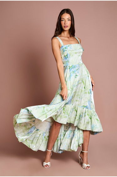 Printed Glossy Organza Tiered Hi-Lo Maxi Dress