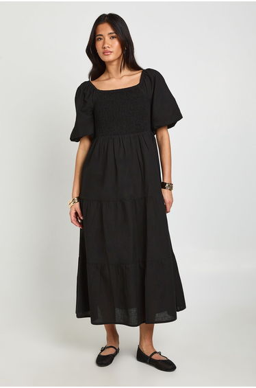 Linen Look Volume Sleeve Tiered Midaxi Dress - black
