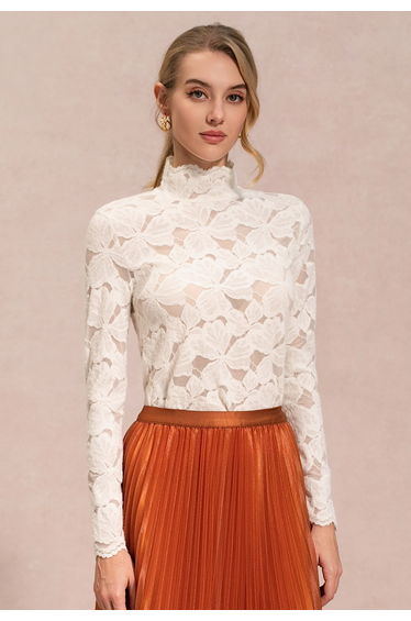 Mock Neck Petal Sheer Lace Top for City Escapes & Fine Dining Experiences