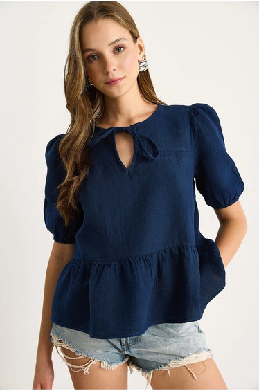 LUCCI Crew Neck Tie Blouse with Bow