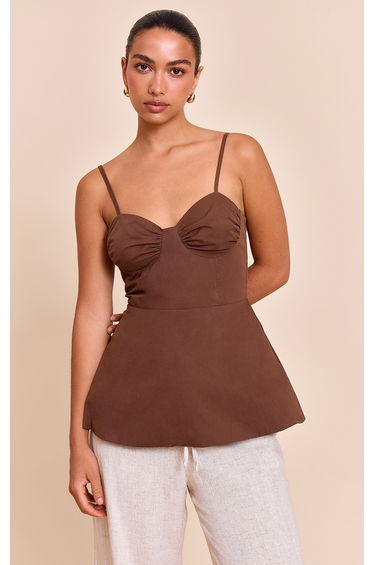 Chocolate Cotton Strappy Peplum Cami Top