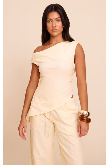 Beige Woven One Shoulder Asymmetric Long Top
