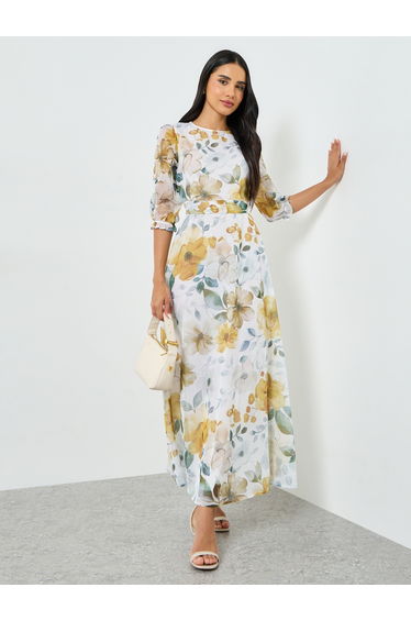 Floral Print Organza A-Line Maxi Dress