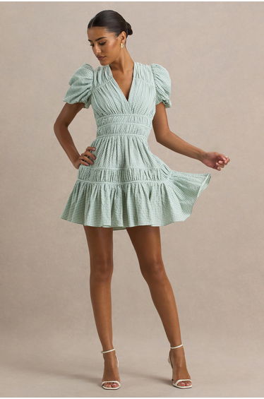 Laurelle | Green Extreme Plunge-Neck Mini Dress With Ruffled Detailing