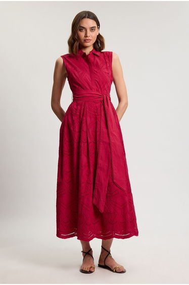 Cotton Broderie Scalloped Hem Sleeveless Shirt Dress