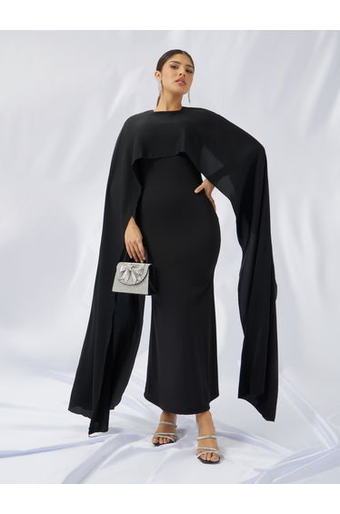 Solid Cape Sleeve Cape Maxi Dress