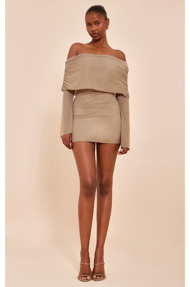 Taupe Lined Mesh Long Sleeve Mini Dress