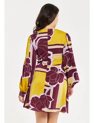 Women's Mini Dress with Long Balloon Sleeves in Yellow and Burgundy Geometric Floral Print - 5