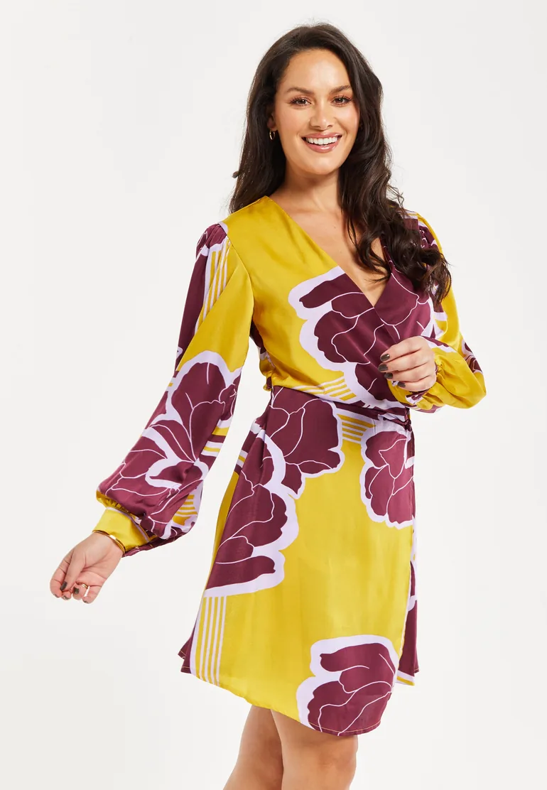Women's Mini Dress with Long Balloon Sleeves in Yellow and Burgundy Geometric Floral Print - 3
